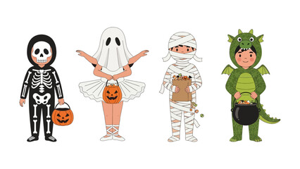 Halloween Costume Parade: A lively illustration showcasing four diverse and creatively dressed children, each donned in a unique Halloween costume, bringing the spirit of spooky festivities to life. 