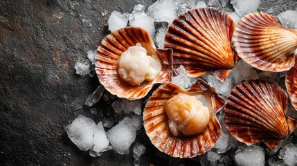 Scallops in their shells rest on a bed of ice showcasing their natural colors and textures. This seafood dish is ready to be served perfect for a special meal.