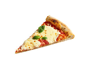 A single slice of pizza with mozzarella, tomato sauce, and basil