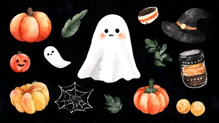 Hand-drawn watercolor illustration of Halloween elements. Halloween card with a picture of a ghost, pumpkins and paint