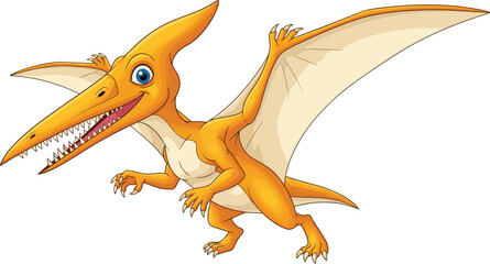 Cartoon flying dinosaur pterodactyl illustration with wings, prehistoric reptile character, orange pterosaur drawing, funny animal design, kids educational artwork © Its Pro Here