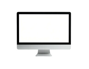 A modern desktop computer, silver base, white screen, isolated on a black background