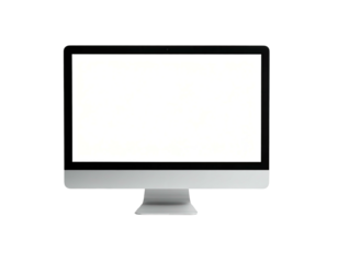 A modern desktop computer, silver base, white screen, isolated on a black background