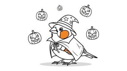 Halloween Wizard Finch: A whimsical illustration features a charming finch, donning a wizard's hat and cape amidst carved pumpkins, creating a magical and festive Halloween scene.