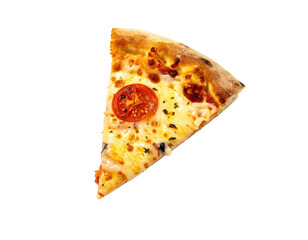 Isolated slice of pizza, baked with cheese and tomato, crust visible