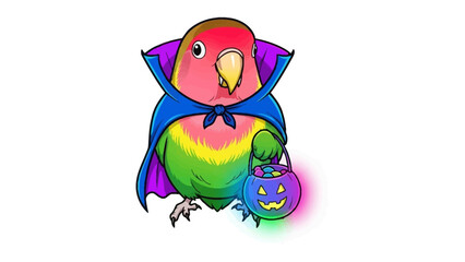 Halloween parrot: A cute and charming parrot, donning a whimsical costume, clutches a glowing jack-o'-lantern, ready for trick-or-treating on a vibrant autumn night.