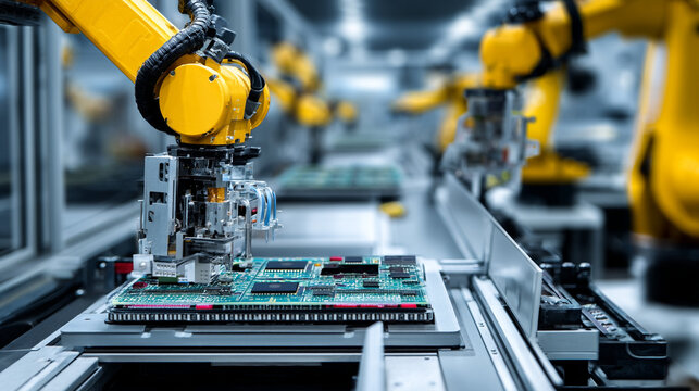A yellow robotic arm working on a circuit board in a factory setting environment