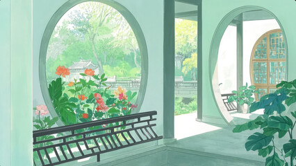 Minor Heat solar term Chinese garden window view leisure life illustration background