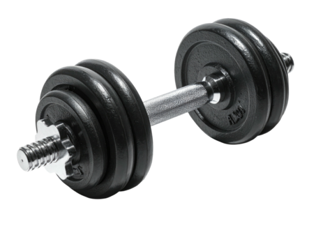 A close-up, isolated dumbbell; black weights stacked on a silver bar