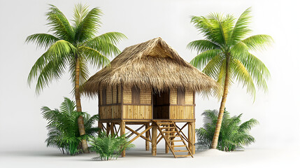 Traditional Filipino stilt house design using bamboo and natural materials, thatched palm roofing, vibrant tropical greenery, isolated clean white background for commercial use