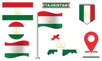Tajikistan Flag Vector Set  Waving Flag, Map, Icon, and Badge Designs