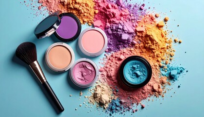 Colorful makeup powders, compacts, and brush on light blue