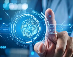 Fingerprint scanning technology interface. A hand points to a digital fingerprint graphic