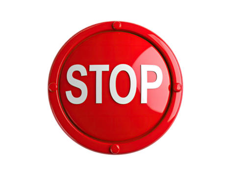 Bright red, 3D stop sign, circular with white text against a black background