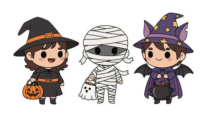 Whimsical Halloween Characters: Three adorable cartoon figures dressed as a witch, a mummy, and a bat character, perfect for Halloween party. 
