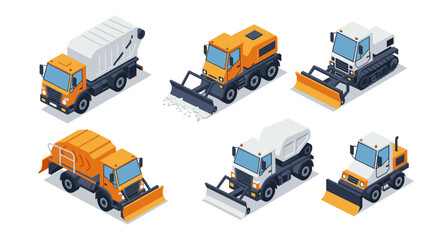 Isometric snow plow and utility trucks set with snow removal equipment