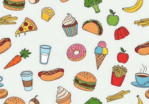 Delightful food doodles seamless pattern, a culinary-themed whimsical design
