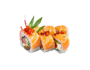 Close-up of sushi rolls, featuring salmon, rice, and toppings, arranged neatly