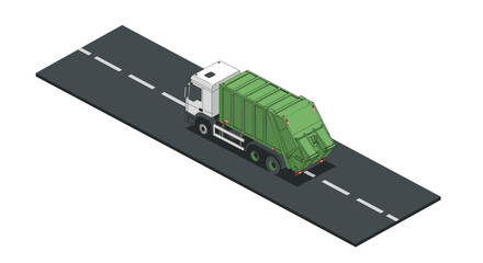 Isometric garbage truck on road with green container for waste management