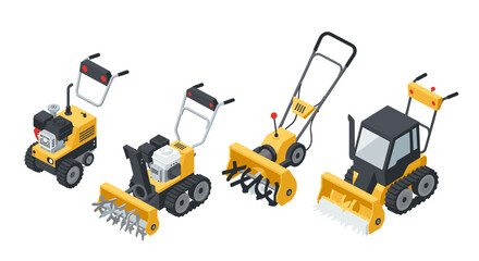 Fototapeta premium Isometric snowblowers and snowplows set for winter equipment showcase