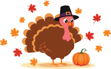 Cartoon thanksgiving turkey with pilgrim hat, autumn fall leaves background, harvest pumpkin illustration, festive holiday season celebration cute bird
