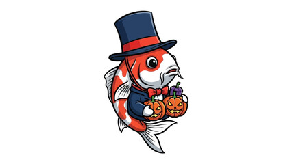 Koi Fish in Halloween Costume: A whimsical koi fish, adorned in a dapper top hat and suit, holds two intricately carved pumpkins, ready for a night of Halloween revelry.
