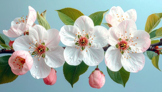 Blossoming branch; white flowers against a soft blue background
