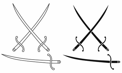 vector illustration of crossed dusack or dussack swords, medieval weapon icon set, fencing blade silhouette and outline for history, combat, or logo design.