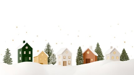 Christmas and New Year holiday background with miniature houses and snowflakes. Small houses in the snow, Christmas background. Winter landscape with houses.