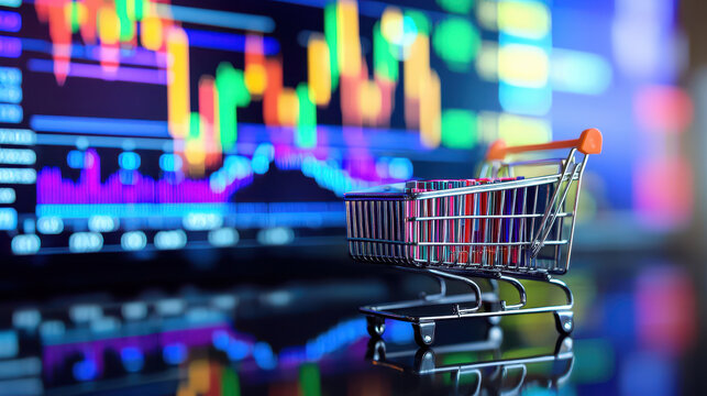 Shopping cart in front of colorful financial charts, representing e commerce and online shopping trends