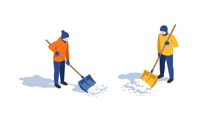 Obraz premium Isometric winter shoveling two figures clearing snow with shovels