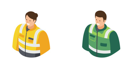 Isometric illustration of construction and safety workers in uniforms