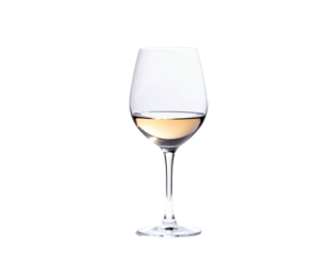 Crystal wine glass, partially filled, isolated against a stark black background