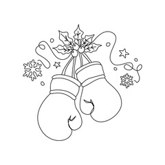 Festive Boxing Gloves Adorned with Holly, Snowflakes, and Stars in a Line Art Design