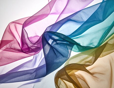 Flowing, colorful sheer fabric layers on white backdrop