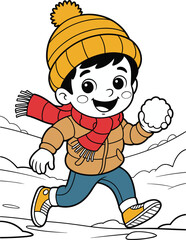Cute cartoon boy playing with snowball in winter season, wearing hat scarf jacket boots, happy child outdoor fun activity illustration