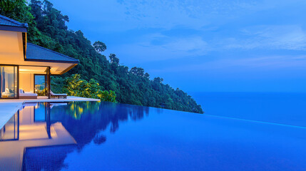 Fototapeta premium Luxurious seaside villa with infinity pool overlooking ocean at twilight, surrounded by lush greenery and serene atmosphere