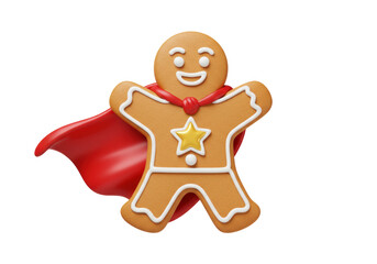 Isolated smiling superhero gingerbread cookie wearing a red cape, food baked pastry