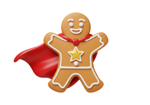 Isolated smiling superhero gingerbread cookie wearing a red cape, food baked pastry