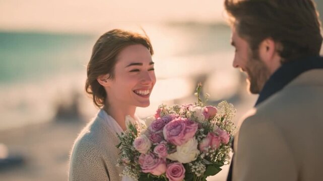 Beachside Bliss: A radiant couple, filled with love, shares a tender moment on a sun-kissed beach, the gentle ocean breeze whispering promises of everlasting affection. 