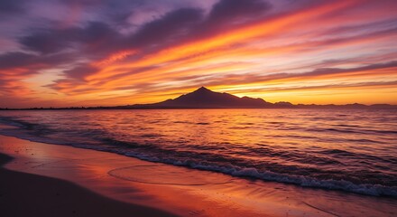 Vibrant sunset over ocean with mountain silhouette and dramatic sky
