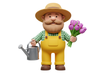 Isolated whimsical gardener holding flowers & watering can, happy farming hobby art