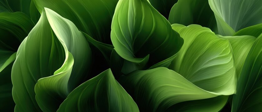 Fototapeta Close-up of vibrant green tropical leaves with smooth textures and natural curves, lush foliage background for nature and plant themes