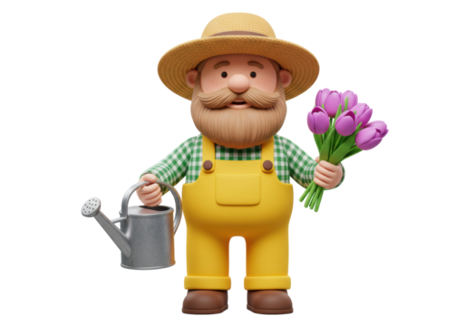 Isolated whimsical gardener holding flowers & watering can, happy farming hobby art
