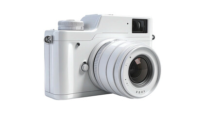 A white, compact, digital camera with a lens, view finder, and other components