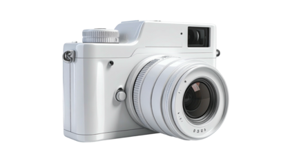 A white, compact, digital camera with a lens, view finder, and other components