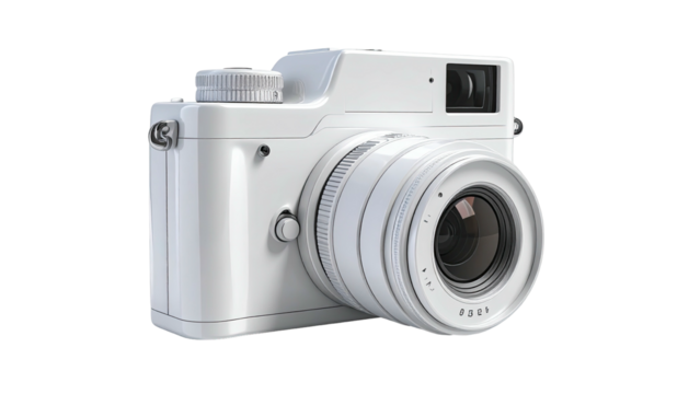 A white, compact, digital camera with a lens, view finder, and other components