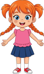 Cute cartoon girl with red hair braids, happy smiling child character illustration, adorable little kid in pink top and blue skirt