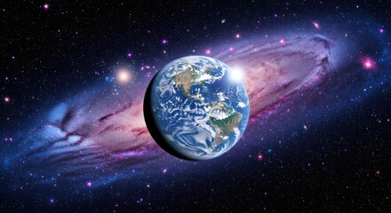 Earth floating in front of a swirling galaxy with bright sunlit side