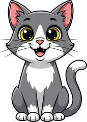 Fototapeta premium Cute cartoon gray and white cat with big eyes, happy kitten character illustration, adorable domestic pet drawing, funny feline children design art